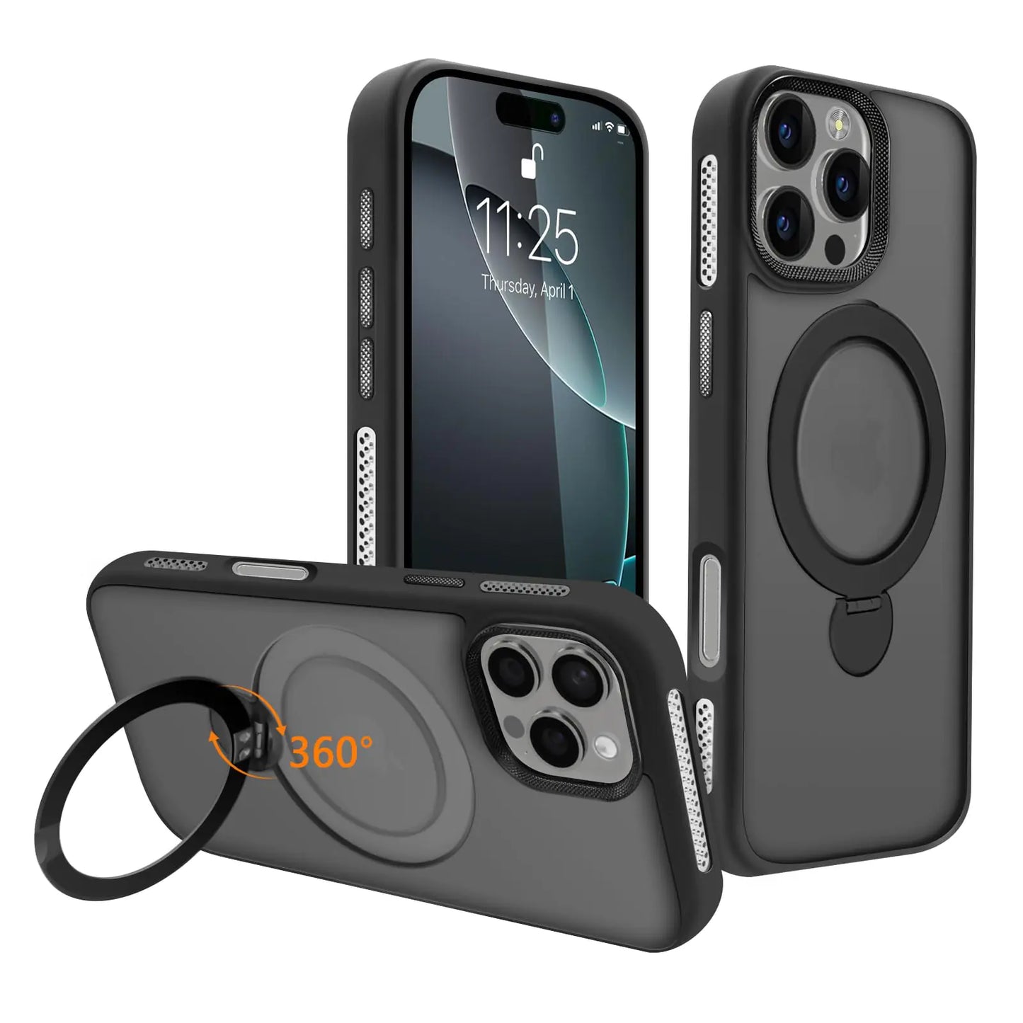 for iPhone 16 Pro Max Case with 360° Spin Magnetic Stand Compatible with MagSafe [Built-in Invisible Bracket][with Honeycomb Cooling Holes] Good Heat Dissipation，Metal Lens Frame，Black