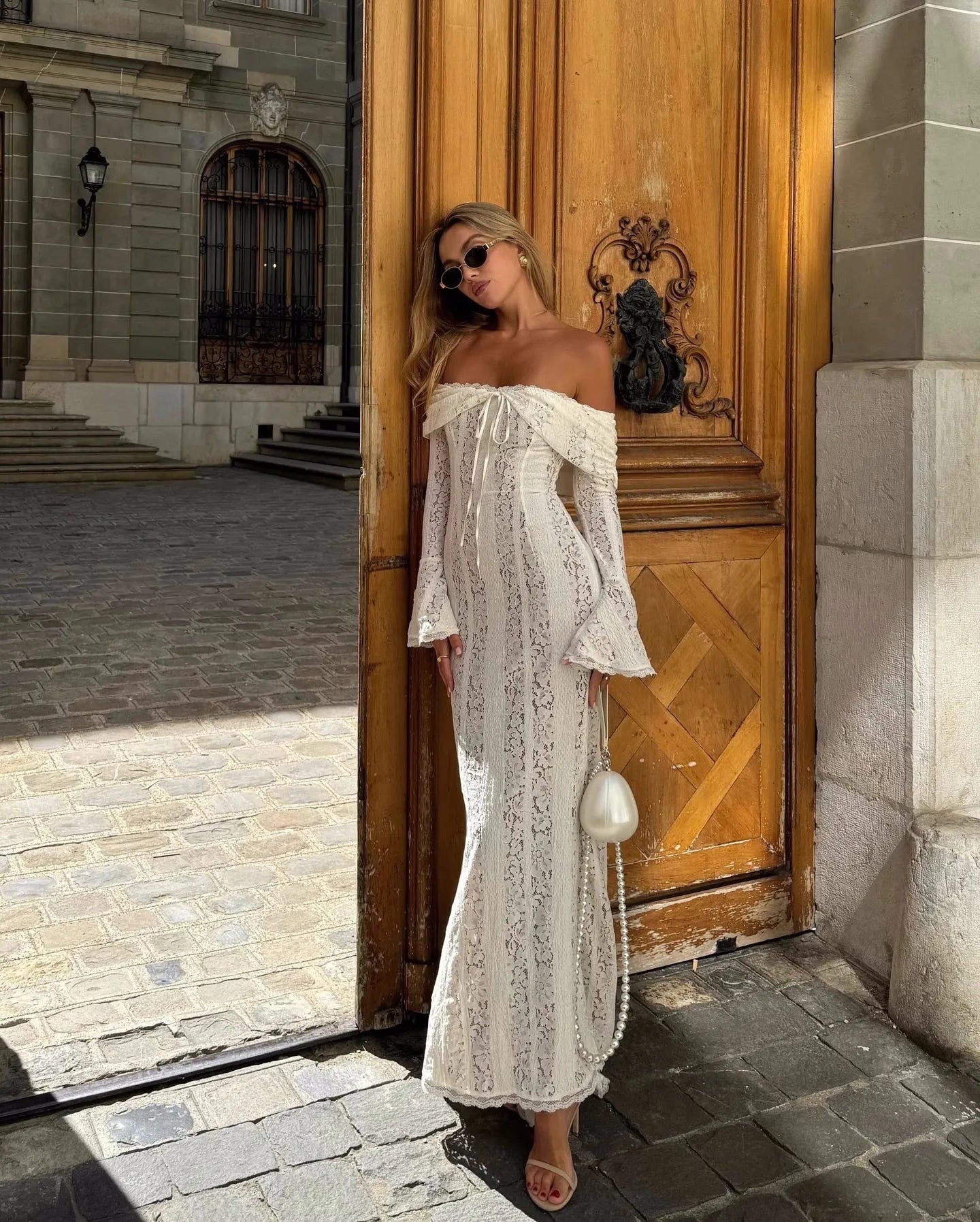 Off-Shoulder Flared Sleeve Sheath Dress