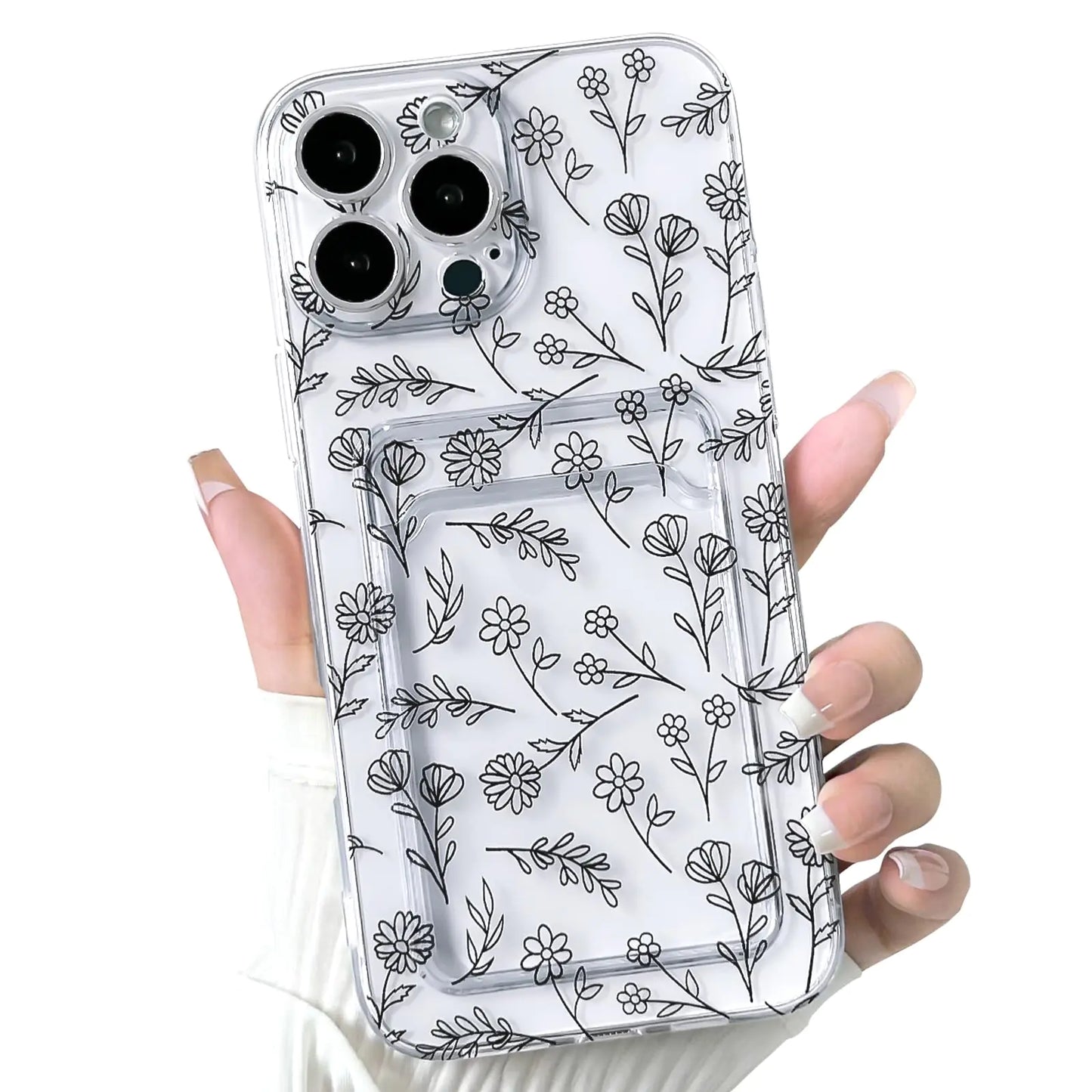 A hand holding a clear iPhone case with a floral leave pattern