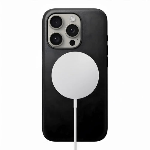 Black leather smartphone case with a circular cutout on the back for a magnetic charging accessory, compatible with iPhone 16 Pro.