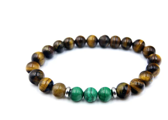 A beaded bracelet with round malachite and tiger eye stones, featuring stainless steel accents and a white background.