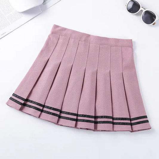 A pleated, half-length skirt with a striped elastic waistband in a pink color.