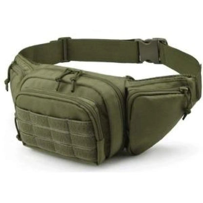 A black tactical storage belt bag with multiple pockets and compartments, made from high-quality nylon, designed for versatile carry options including waist, shoulder, or chest bag.