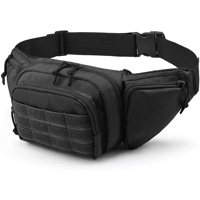 A black tactical storage belt bag with multiple pockets and compartments, made from high-quality nylon, designed for versatile carry options including waist, shoulder, or chest bag.