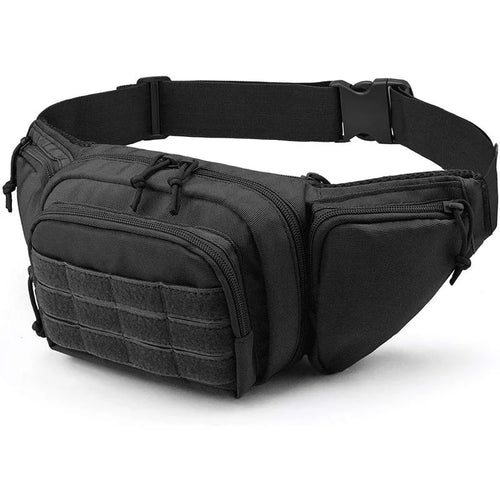 A black tactical storage belt bag with multiple pockets and compartments, made from high-quality nylon, designed for versatile carry options including waist, shoulder, or chest bag.