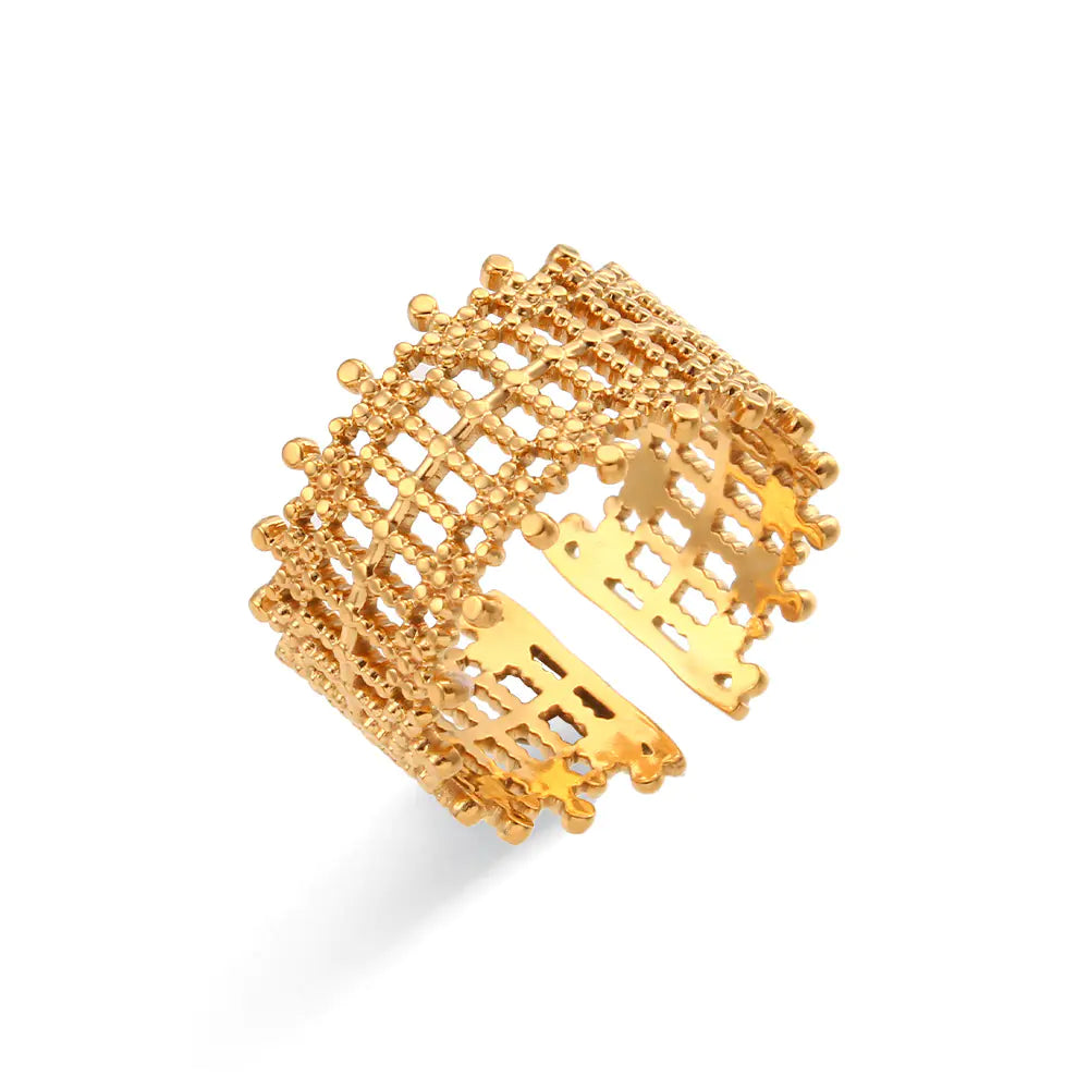 A gold-colored stainless steel woven ring with an adjustable band.