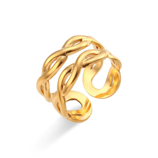 A gold-colored stainless steel woven ring with an adjustable band.