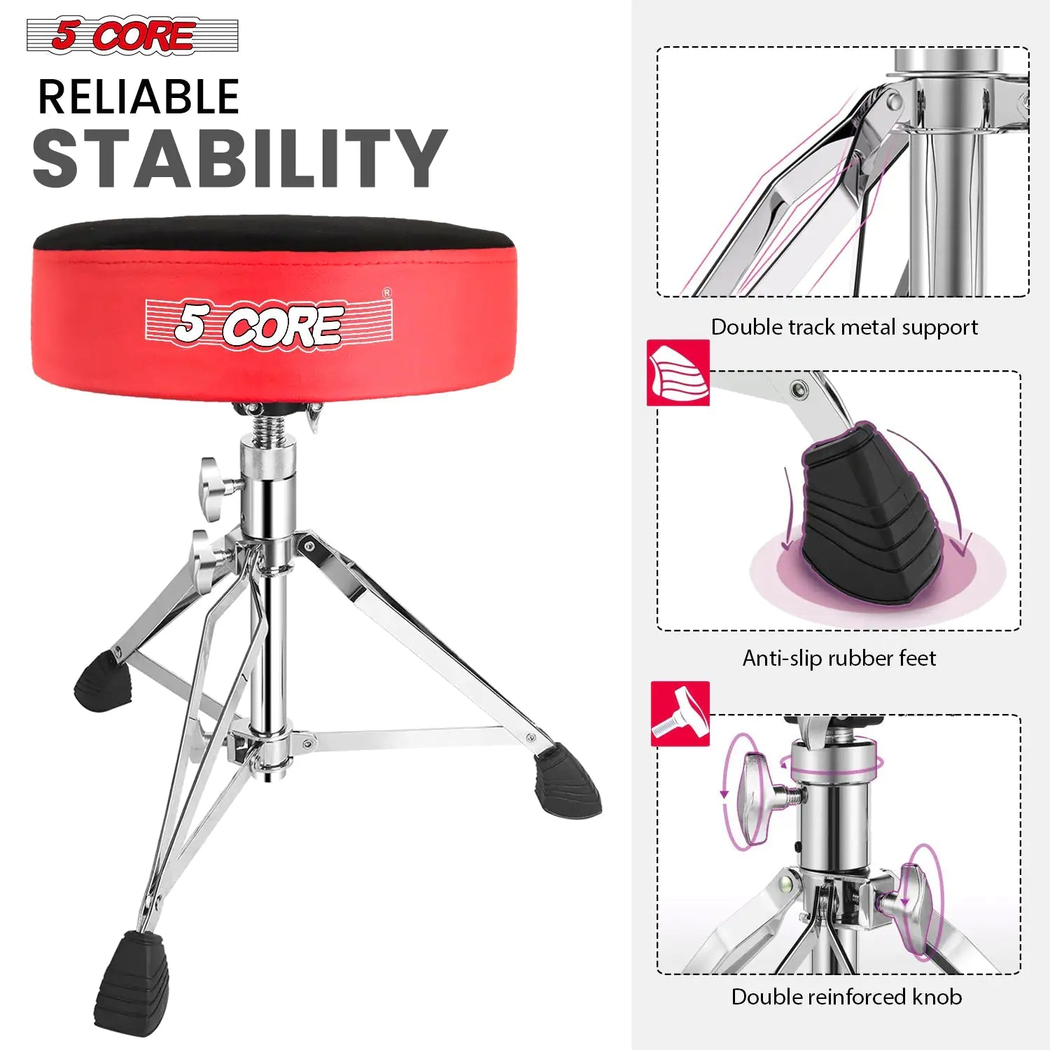 Banqueta para Bateria 5Core Acolchoada, Banquinho Giratório Ajustável para Guitarristas, Assento de Baterista, Cadeira Musical VERMELHO VELUDO WEM Support (www.WEM.support)