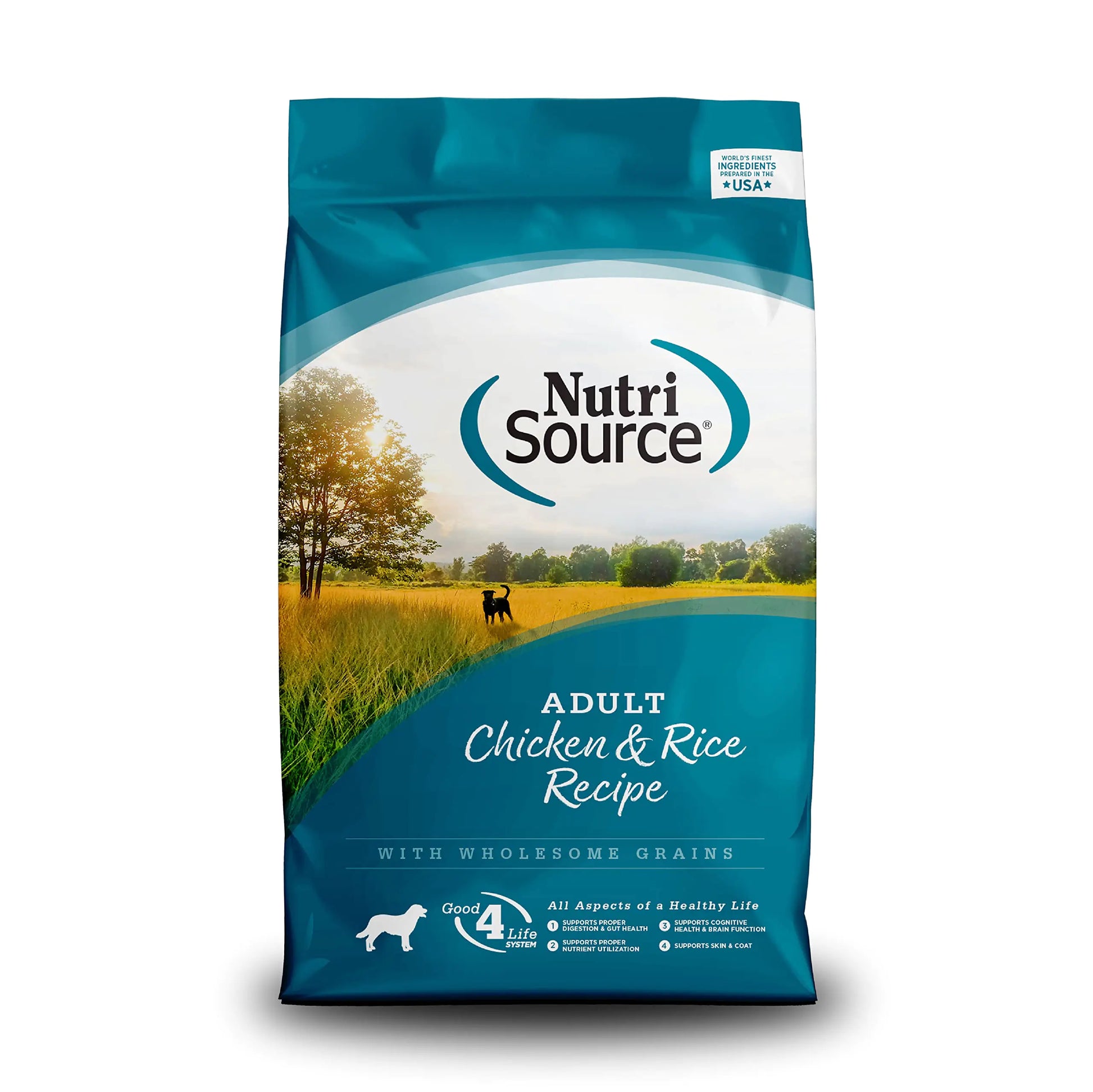 A bag of NutriSource Adult Chicken & Rice dry dog food with wholesome grains. The packaging is predominantly blue with images of a dog and a field.