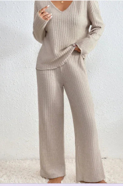 Round Neck Solid Color Fashion Knitted Top And Trousers Two-piece Set WEM Support (www.WEM.support)