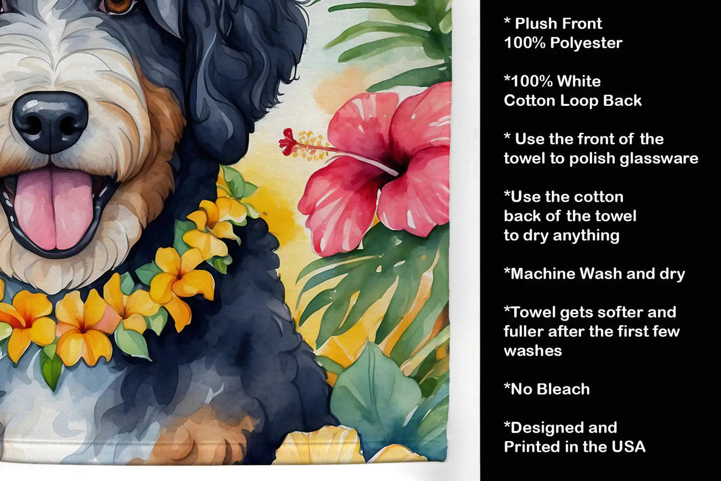 Bernedoodle Luau Kitchen Towel WEM Support (www.WEM.support)