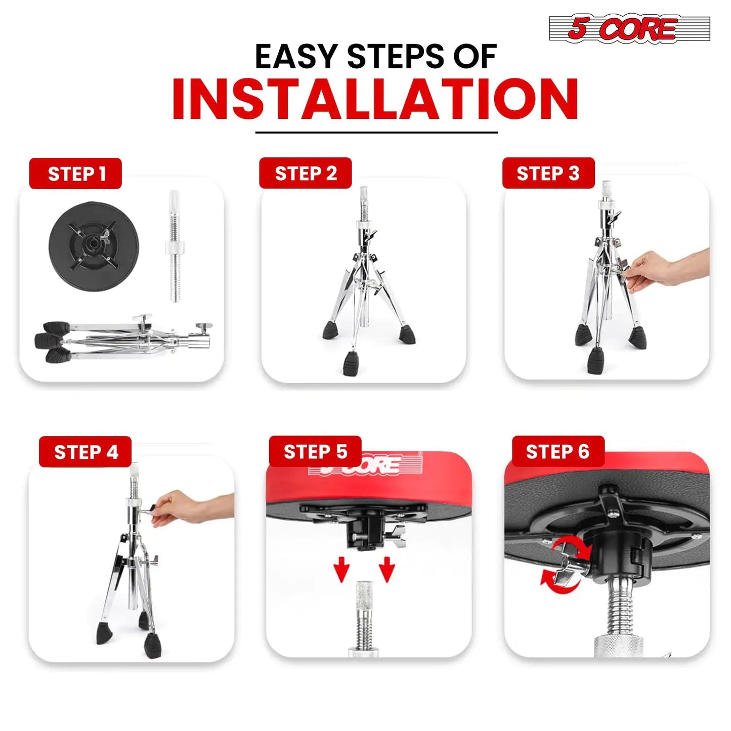 Banqueta para Bateria 5Core Acolchoada, Banquinho Giratório Ajustável para Guitarristas, Assento de Baterista, Cadeira Musical VERMELHO VELUDO WEM Support (www.WEM.support)