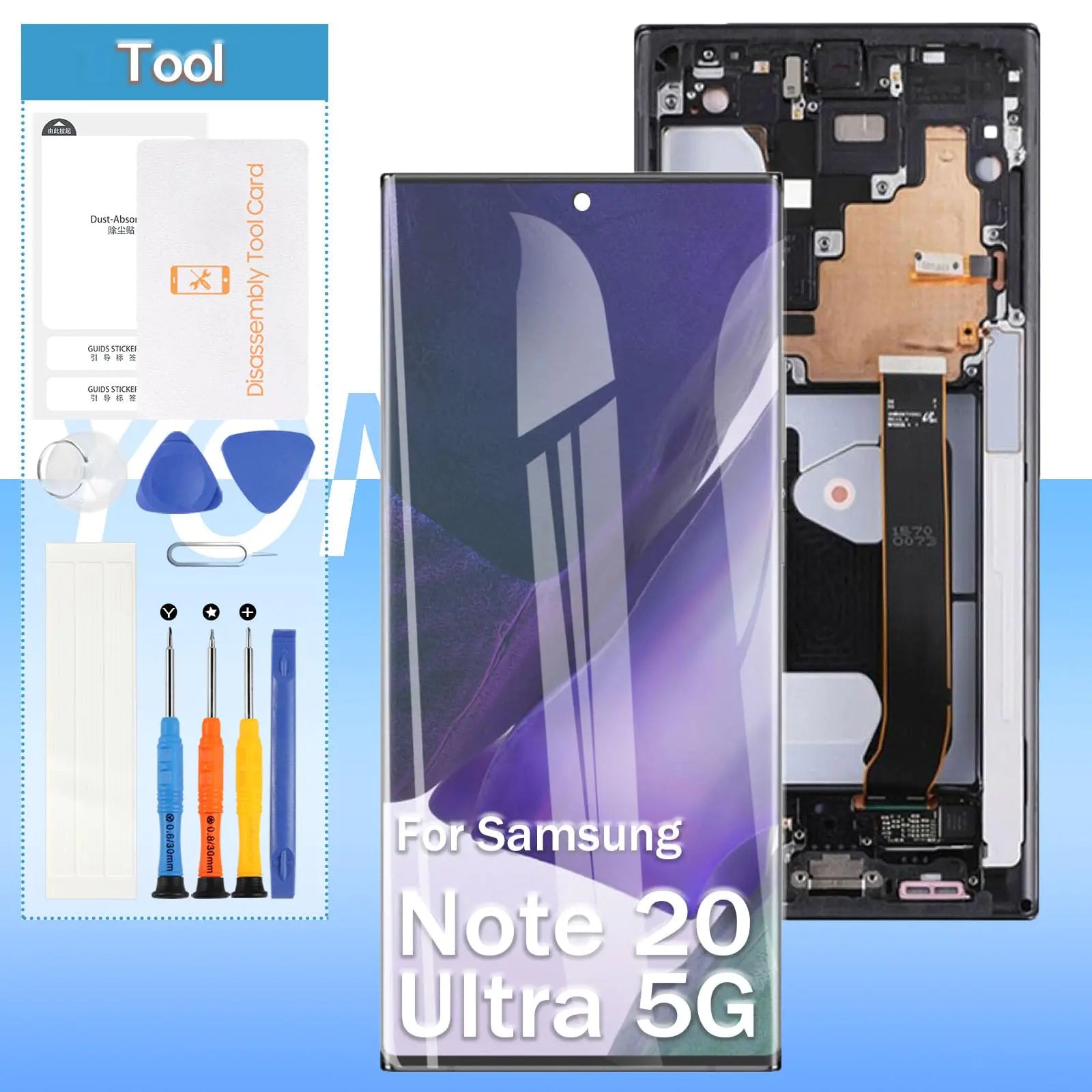 OLED screen replacement kit for Samsung Galaxy Note20 Ultra, including a screen with frame and tools for installation, displayed with the device's internal components visible.