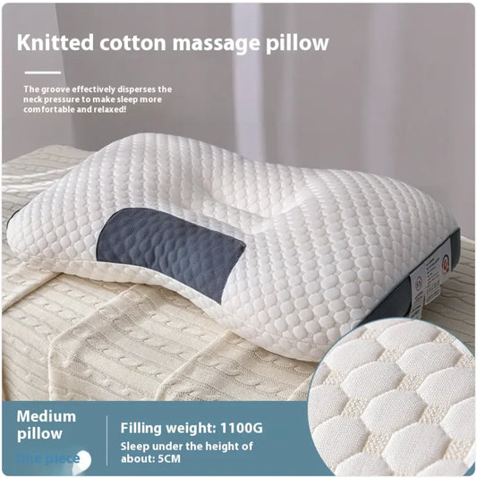 A white orthopedic cervical support pillow with a 3D knitted honeycomb design, labeled as a medium pillow with a filling weight of 1100g and a height of approximately 5cm.