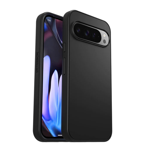 A black OtterBox Symmetry case for Google Pixel 9 / Pixel 9 Pro smartphones, showing the back, side, and camera protection.