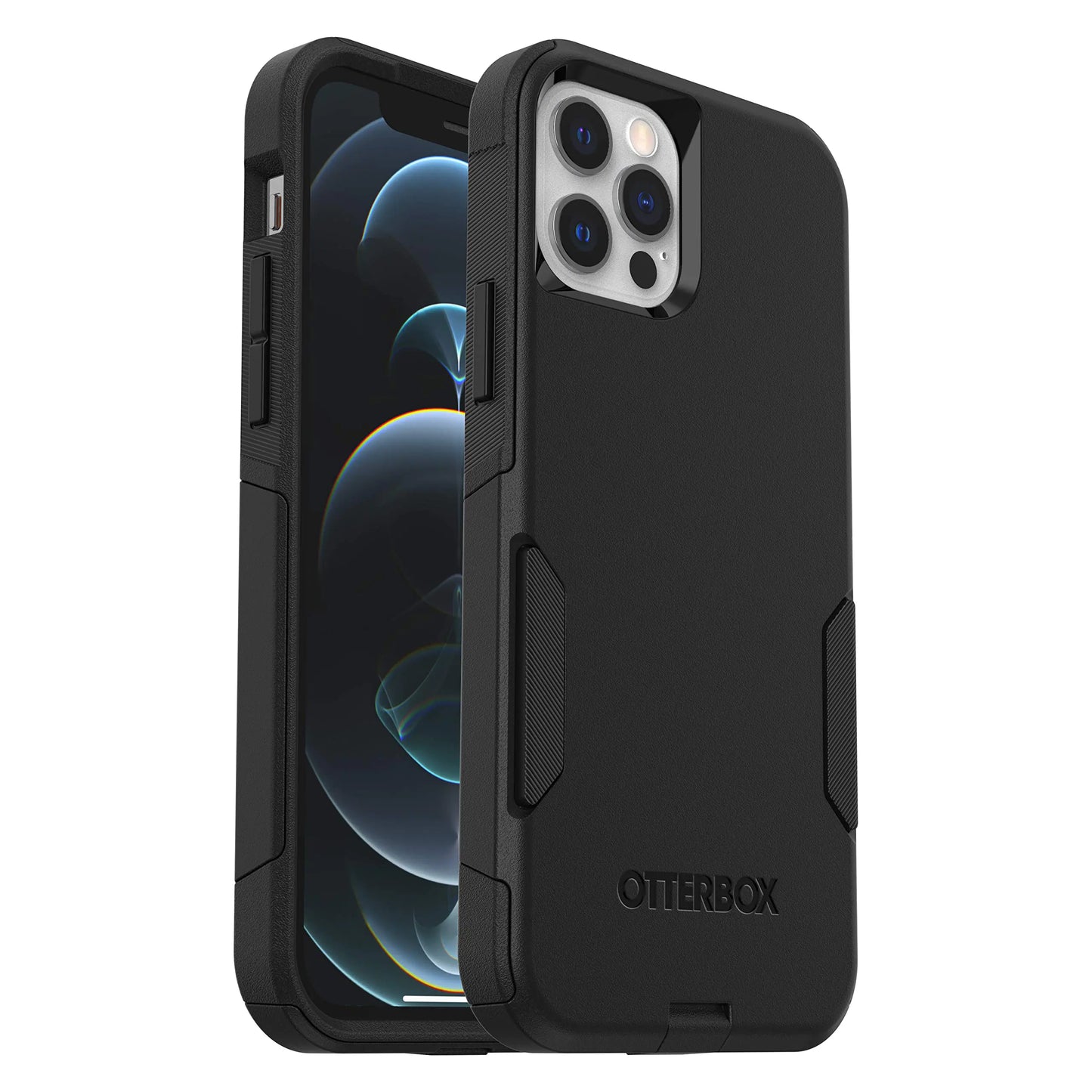 OtterBox Commuter Series case for iPhone 12 and iPhone 12 Pro in black color, showing the front and back view of the case.