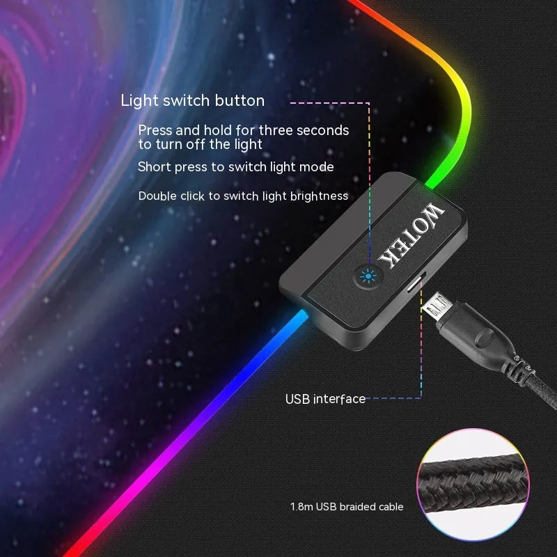 An oversized luminous mouse pad with RGB lighting, featuring a light switch button, USB interface, and a 1.8m USB braided cable.