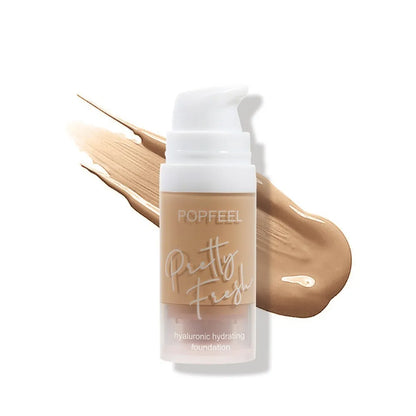 A pump bottle of POPFEEL Matte Liquid Foundation with a swatch of the foundation product next to it, showing a matte finish.