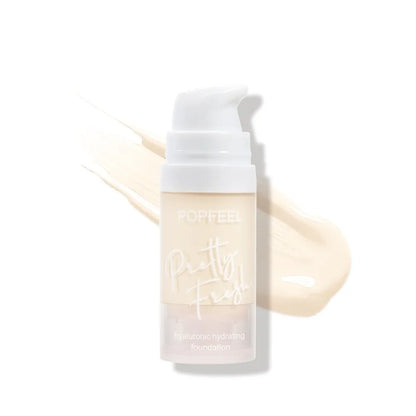 A pump bottle of POPFEEL Matte Liquid Foundation with a swatch of the foundation product next to it, showing a matte finish.