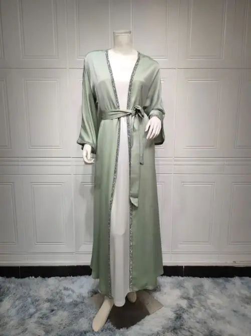 Rhinestone Dress Fashion Satin Soft Shawl Waist-tight Robe WEM Support (www.WEM.support)