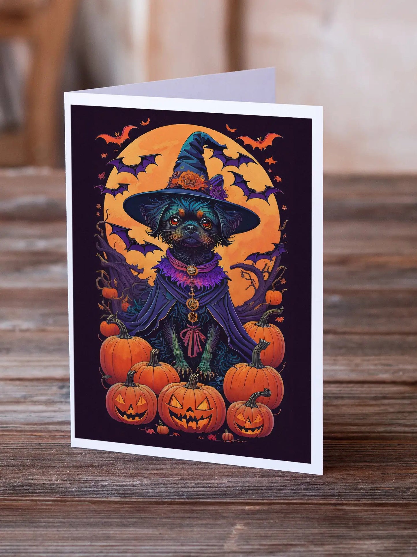 Affenpinscher Witchy Halloween Greeting Cards Pack of 8 WEM Support (www.WEM.support)