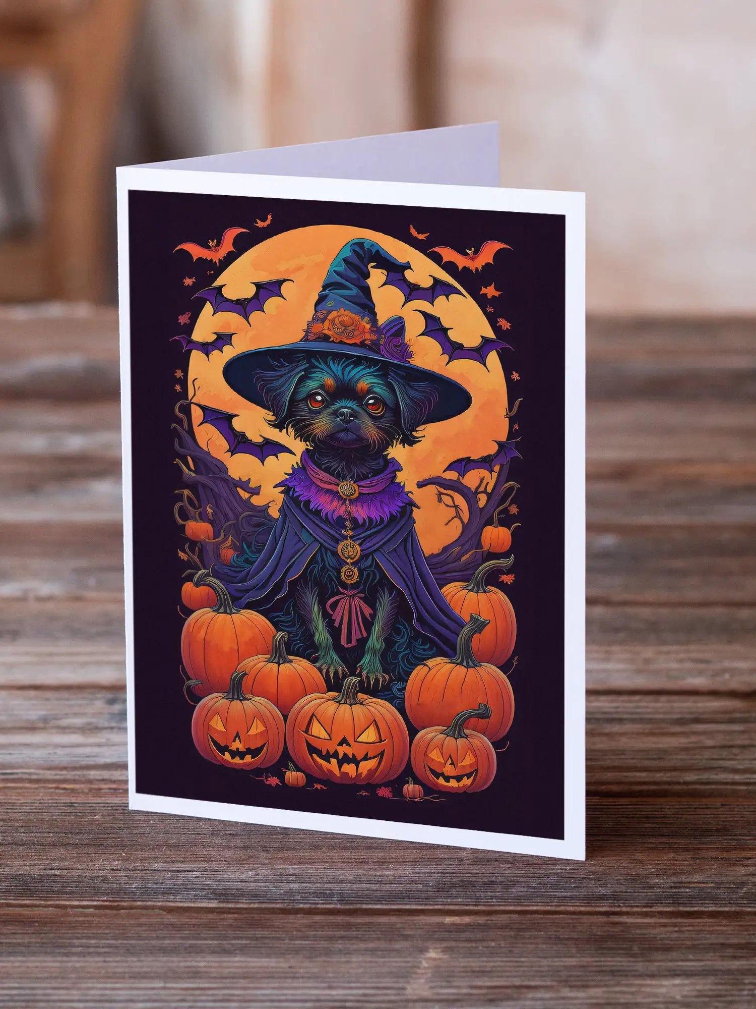 Affenpinscher Witchy Halloween Greeting Cards Pack of 8 WEM Support (www.WEM.support)
