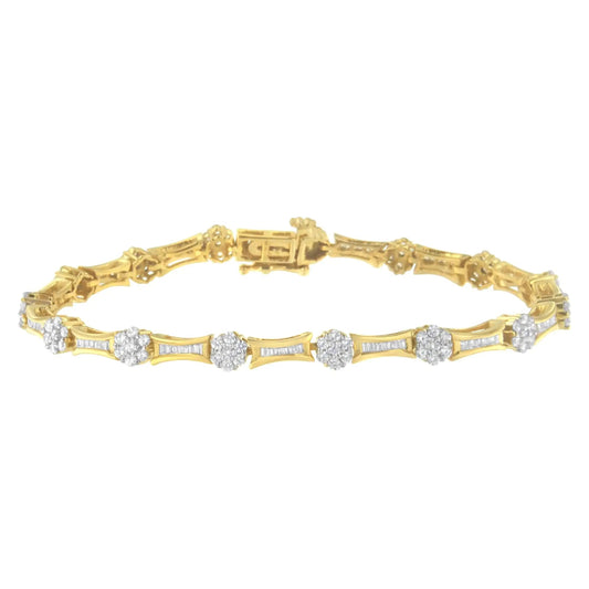 10K Yellow and White Gold 2.00 cttw Round and Baguette-Cut Diamond Link Bracelet (I-J Color, I2-I3 Clarity) - Size 7.25" WEM Support (www.WEM.support)