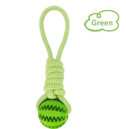 A green pet ball toy with rope attached, designed for chewing and playing, with a 'Green' label indicating the color.