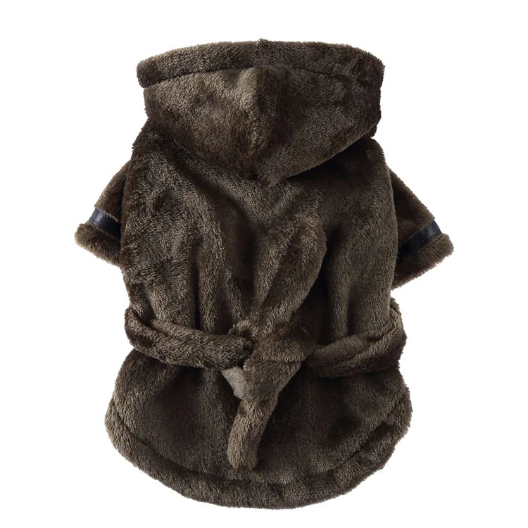 A brown pet bath towel bathrobe made of soft fabric, designed for both dogs and cats.