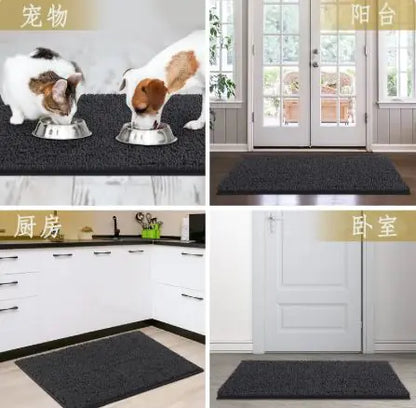 A collage of images showing a non-slip pet door mat in various home settings, such as a kitchen, with a dog eating from a bowl on the mat, and in a balcony and bedroom. The mat is black in color and appears to be made of a durable material.