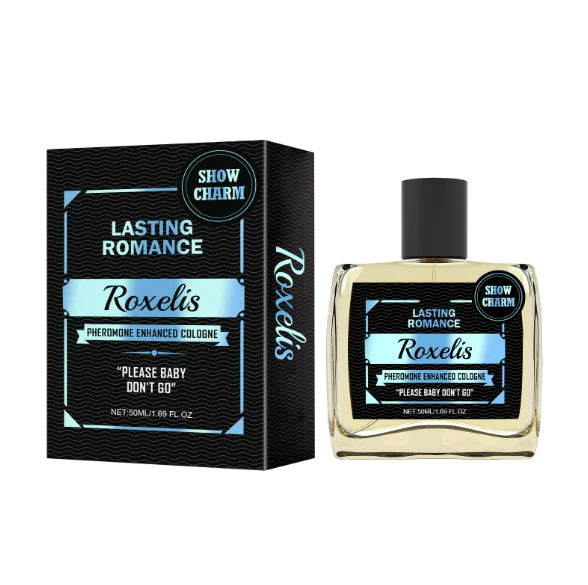A bottle of 'Lasting Romance' pheromone perfume by Roxelis, with a black and blue label, displayed next to its packaging box.