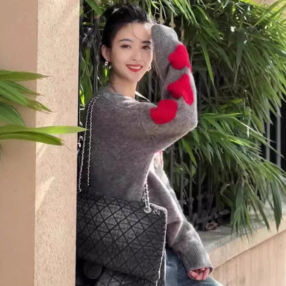 European Station Gray With Heart Knitted Sweater Women's Thick