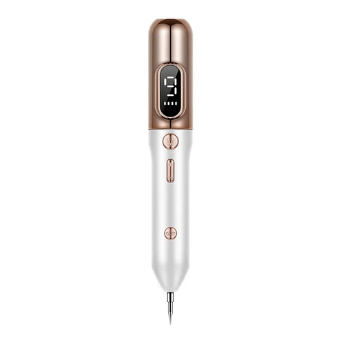 A handheld Plasma Pen Laser Tattoo & Mole Removal Device with a digital display, silver body and black tip.
