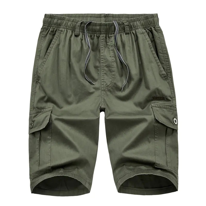 A pair of army green casual plus size multi-pocket elastic shorts with a drawstring waist.