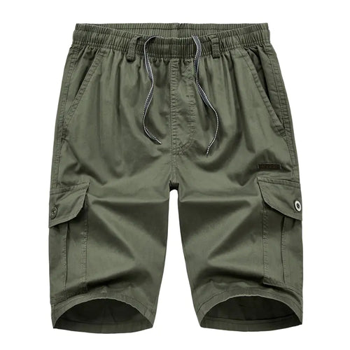 A pair of army green casual plus size multi-pocket elastic shorts with a drawstring waist.