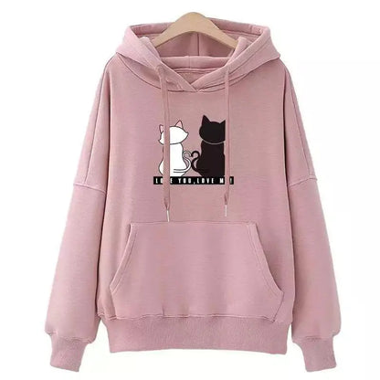 A pink hoodie with a graphic of a white cat and a black cat on the front, along with the text 'Korean style'.