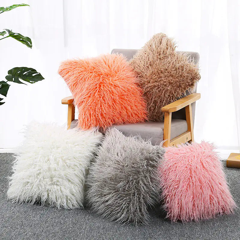 Plush Ins-Style Cushion Cover in Solid Color (Wholesale)
