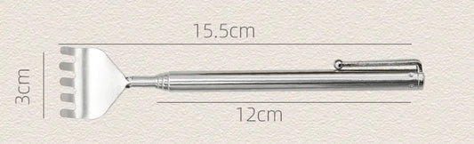 A silver portable back scratcher with dimensions: 15.5 cm in length, 3 cm at the scratcher surface, and 12 cm between the handle and the scratcher surface.