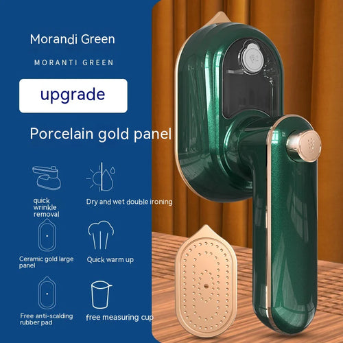 A portable handheld electric iron in Morandi Green color with an ergonomic design, featuring a porcelain gold panel, quick wrinkle removal, and other functionalities.