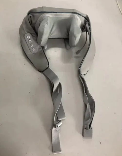 A gray portable neck protection massage wrap with control buttons on the left side, designed for deep tissue massage with heat therapy.