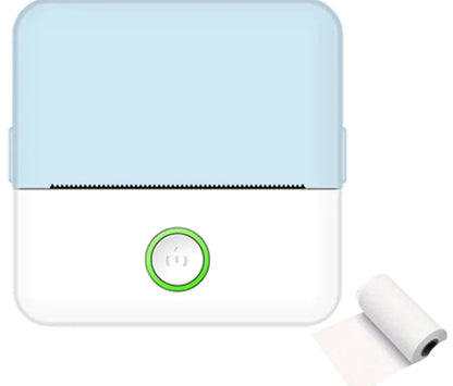 A compact portable thermal printer with a white body and a green power button, displayed against a pink background.