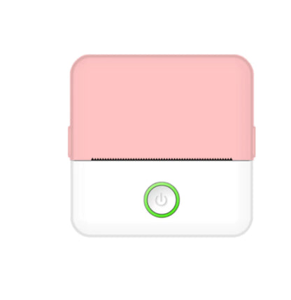 A compact portable thermal printer with a white body and a green power button, displayed against a pink background.