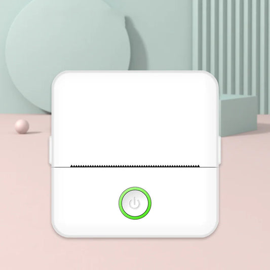 A compact white portable thermal printer with a green power button, displayed on a dual-tone background with abstract shapes.