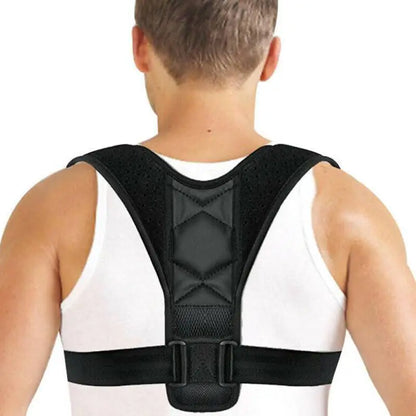 A person wearing a posture clavicle support corrector designed to improve posture and align shoulders.