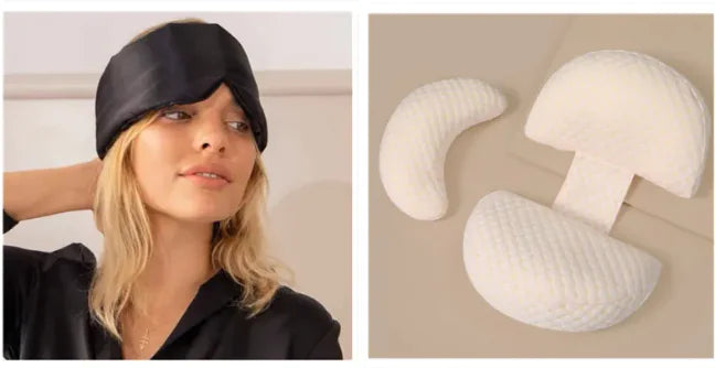 A collage of two images, one showing a pregnant woman lying on her side, comfortably using a white, C-shaped pregnancy pillow, and the other displaying the pillow's removable cover, which is a solid black pillowcase.