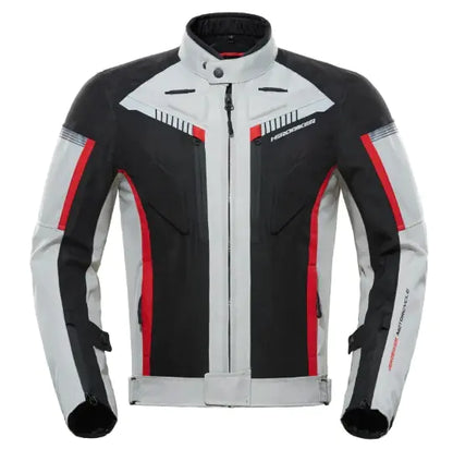 A black motorcycle riding jacket with red accents and built-in CE-approved armor at the shoulders, elbows, and back.