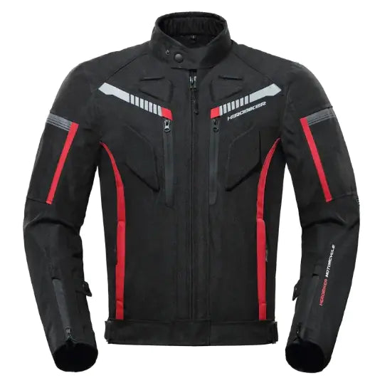 A black motorcycle riding jacket with red accents and built-in CE-approved armor at the shoulders, elbows, and back.
