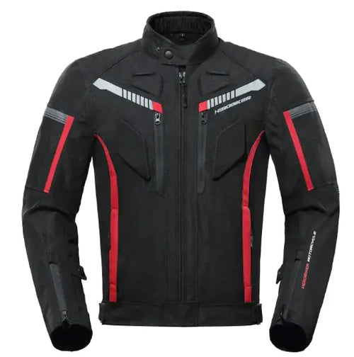 A black motorcycle riding jacket with red accents and built-in CE-approved armor at the shoulders, elbows, and back.