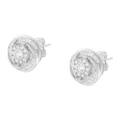 Boucles d'oreilles clous Love Knot en argent sterling .925 avec diamants ronds et baguettes 3/4 Cttw (Couleur I-J, Clarté I2-I3) WEM Support (www.WEM.support)