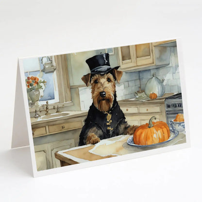 Airedale Terrier Fall Kitchen Pumpkins Greeting Cards Pack of 8 WEM Support (www.WEM.support)